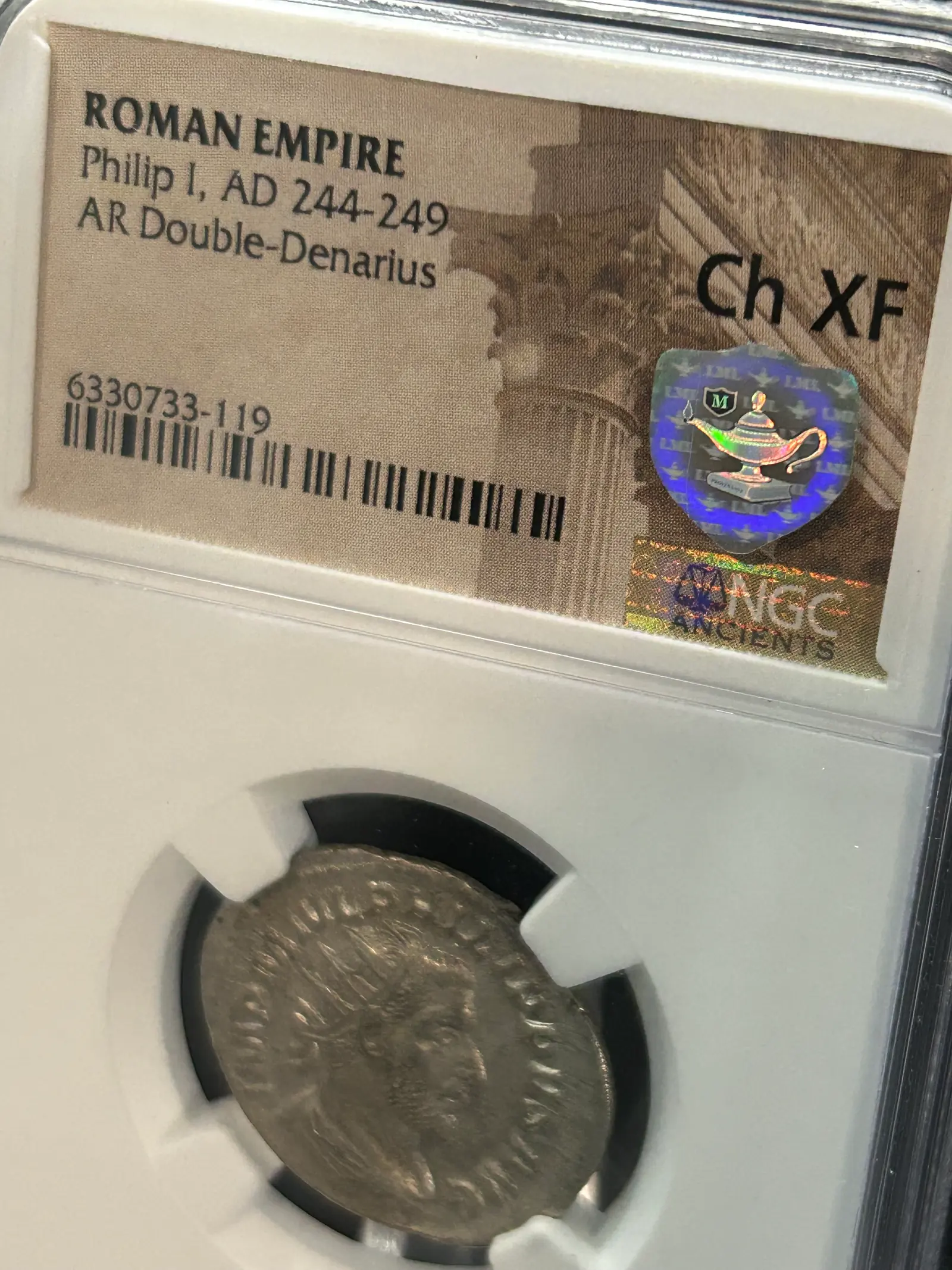 Silver Shield under warm directional light
